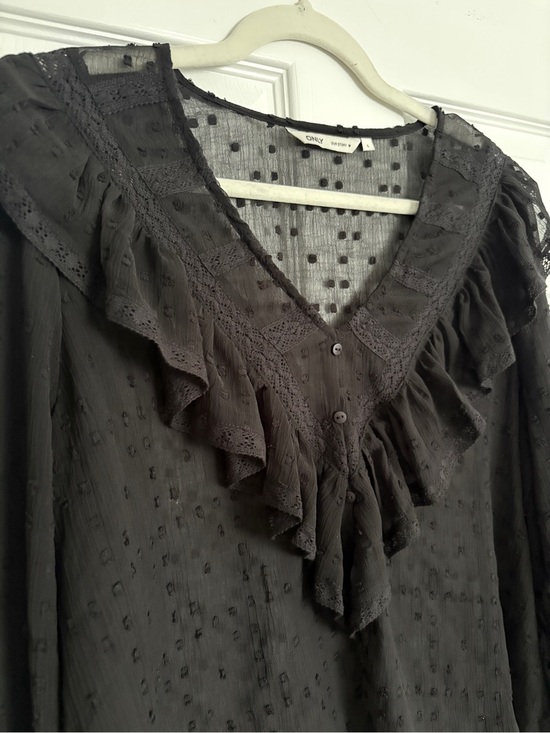 Only Tops - Only Black Ruffled V-Neck Swiss Dot Blouse with Lace Trim